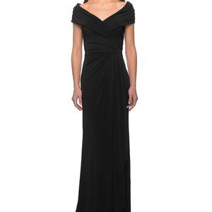 La Femme Black Off-the-Shoulder Ruched Jersey Column Gown